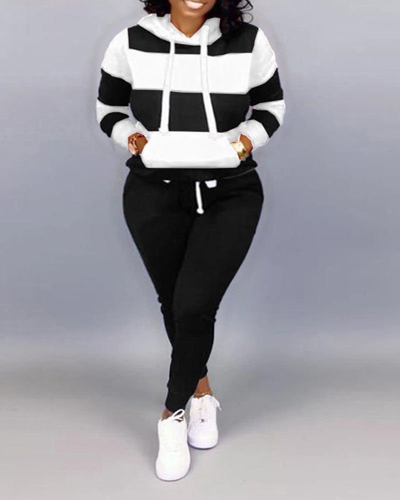 

Plus Size Colorblock Long Sleeve Hoodie & Pants Set, Blackwhite