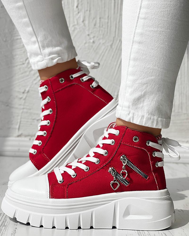 

Zipper Design Eyelet Platform Sneakers, Red