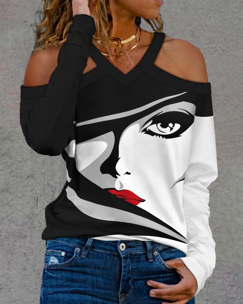 

Abstract Figure Print Cold Shoulder Top, Blackwhite