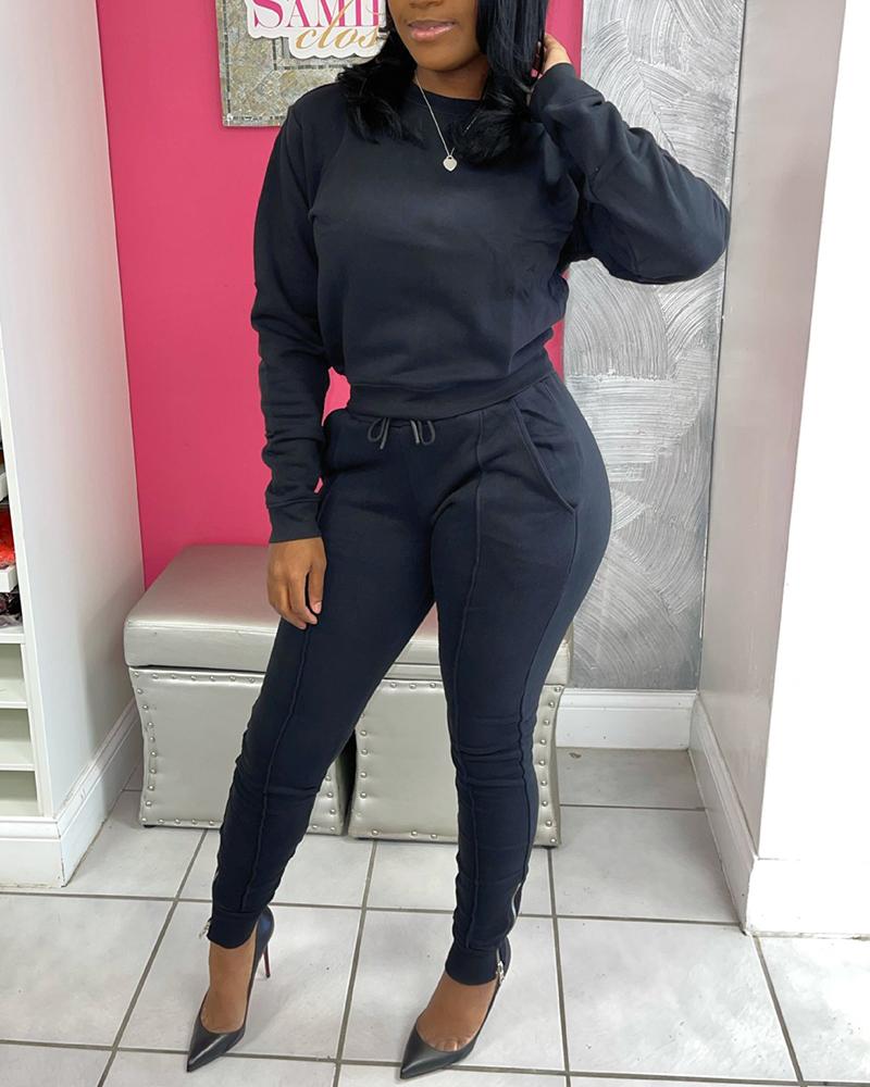 

Long Sleeve Top & Pocket Design Drawstring Pants Set, Black