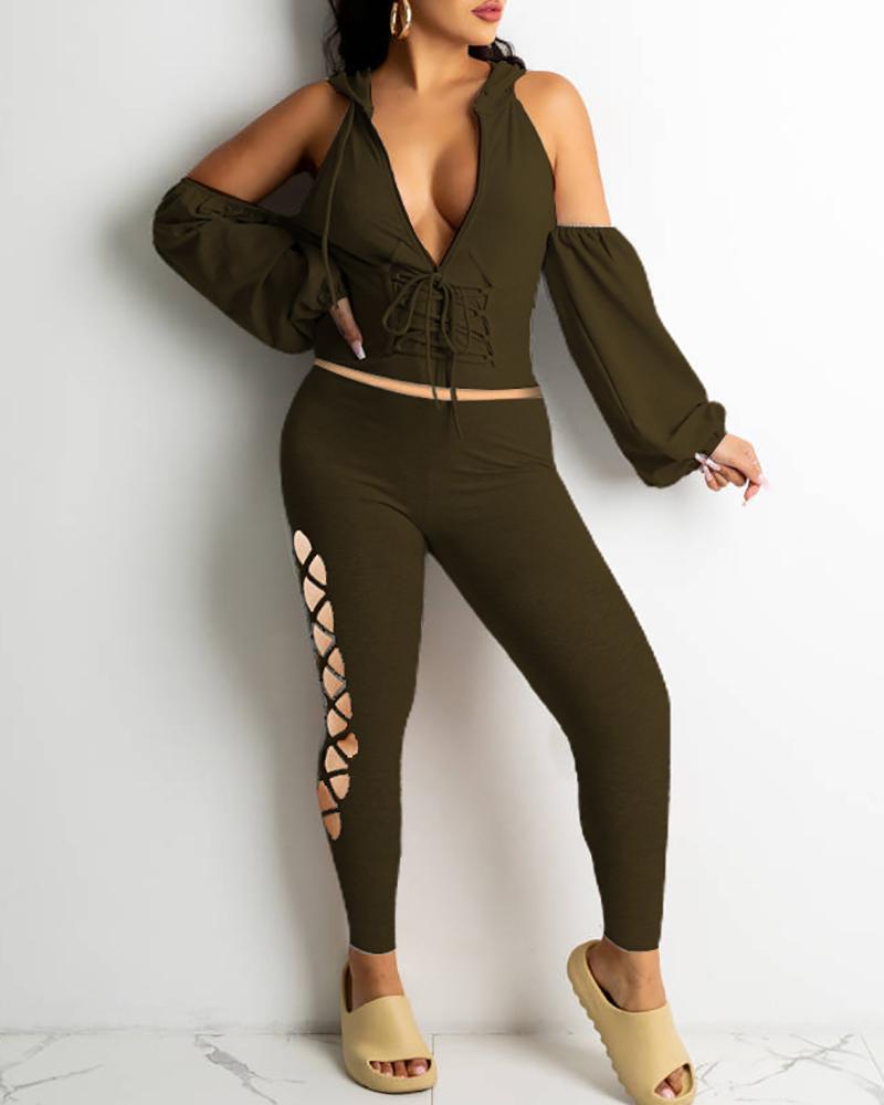 

Cold Shoulder Lace-up Hooded Top & Cutout Pants Set, Dark brown