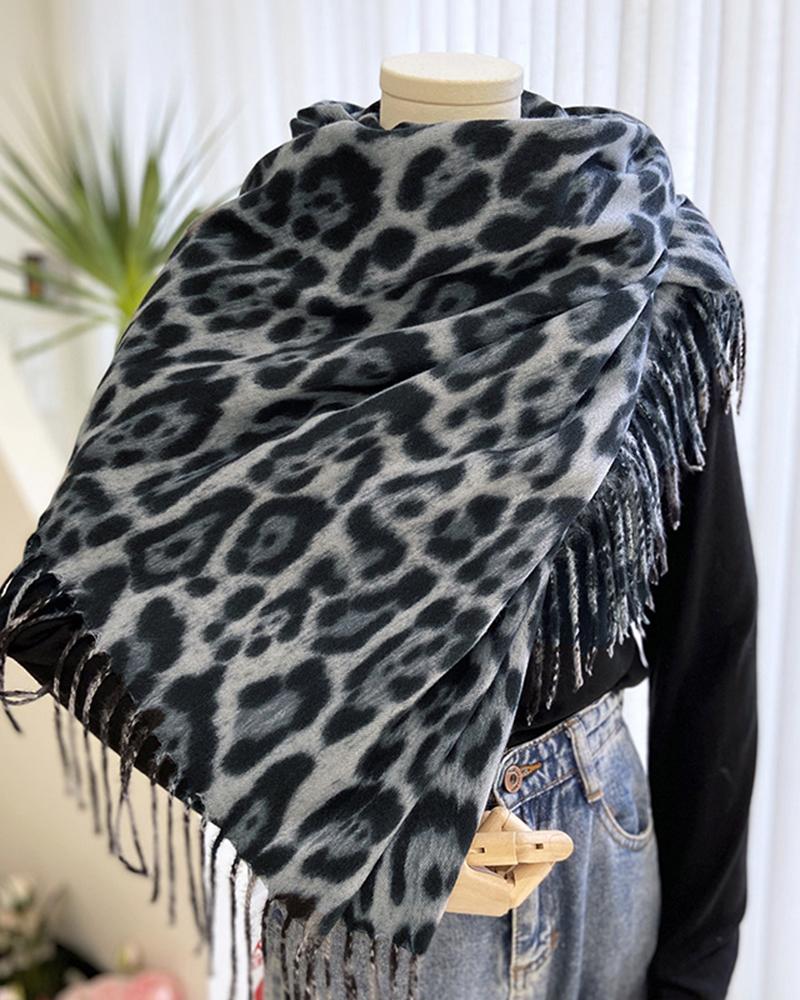 

Leopard Tassel Design Thermal Scarf, Gray