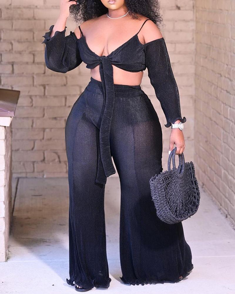

Cold Shoulder Knotted Frill Hem Crop Top & Wide Leg Pants Set, Black