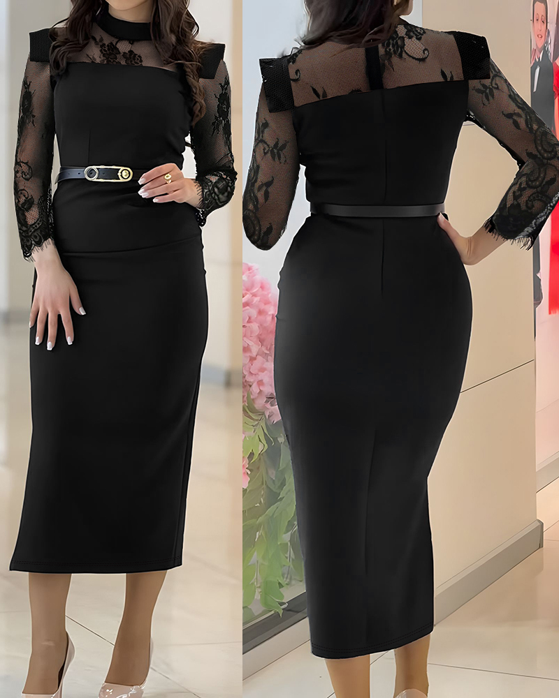 

Robe mi-mollet chic à col montant et manches longues en dentelle et patchwork, Black