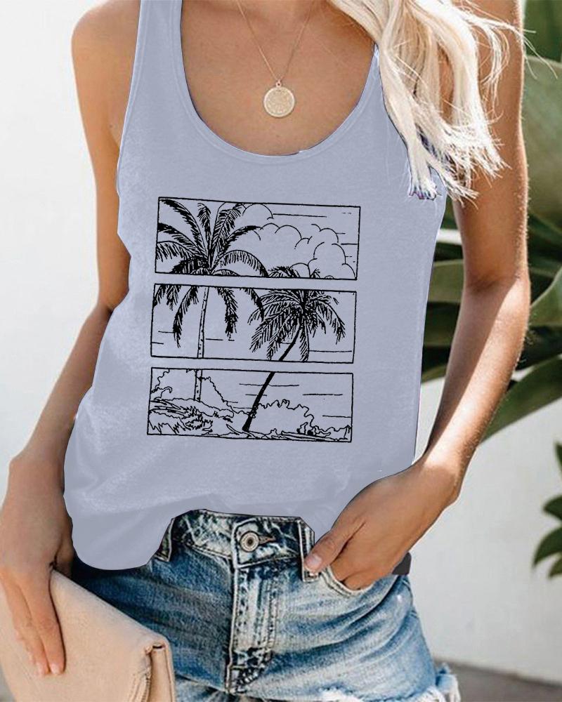 

Coconut Tree Letter Print Graphic Tee Scoop Neck Summer Beach Vest Tank Top, Gray