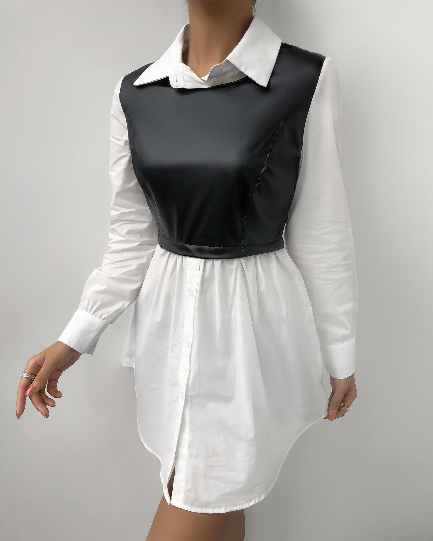 

Button Design Long Sleeve Pu Leather Shirt Dress, White