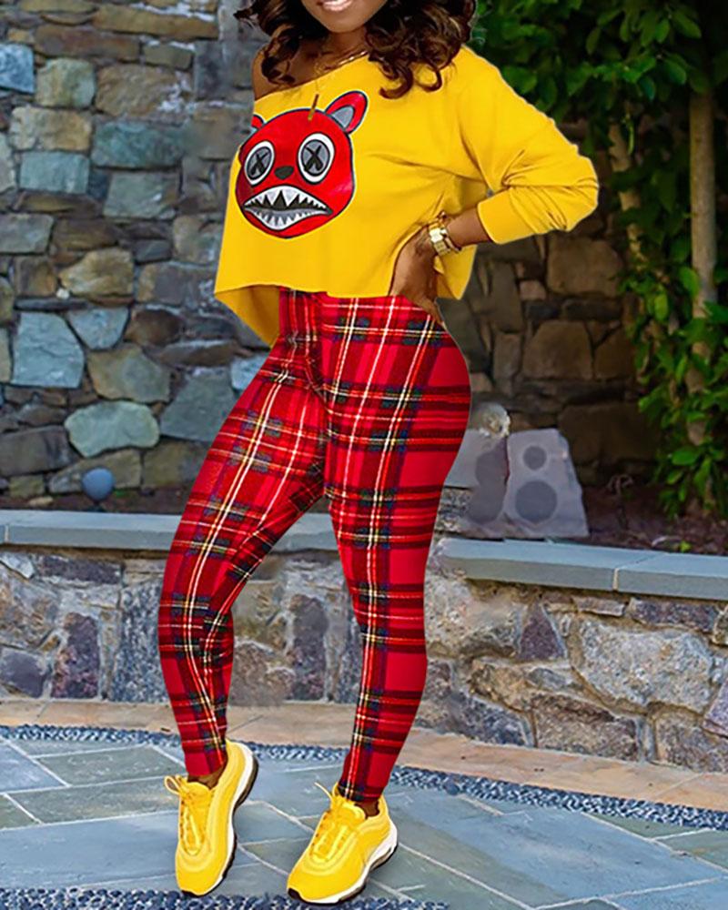 

Cartoon Print Long Sleeve Top & Plaid Pattern Pants Sets, Yellow