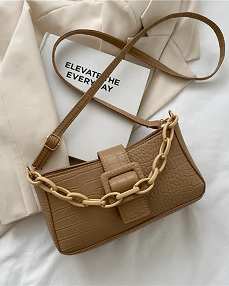 

Chain Strap Croc Embossed Baguette Bag, Khaki