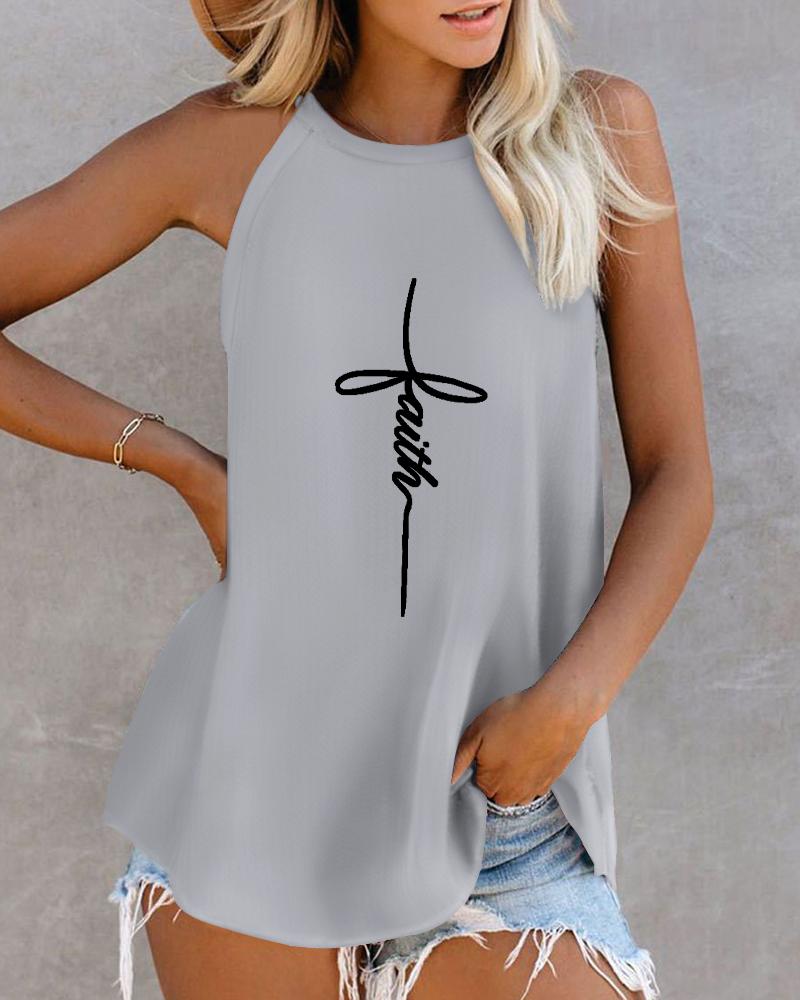 

Letter Pattern Print O-neck Sleeveless Casual Top, Gray