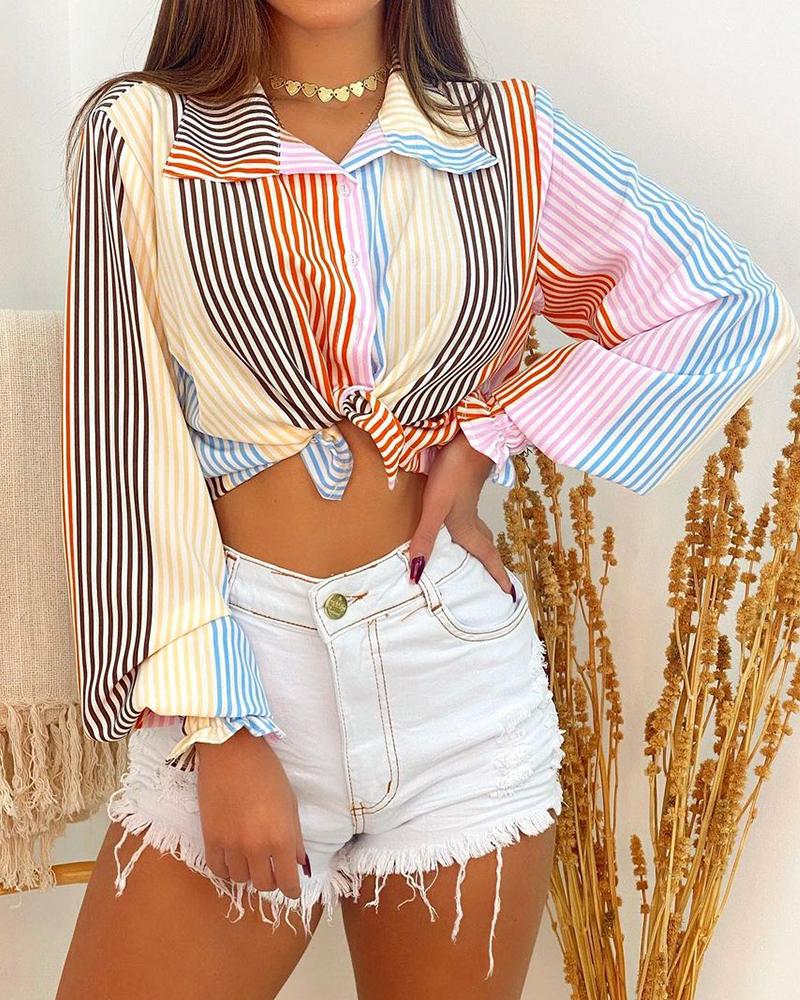 

Striped Colorblock Lantern Sleeve Buttoned Top, Multicolor