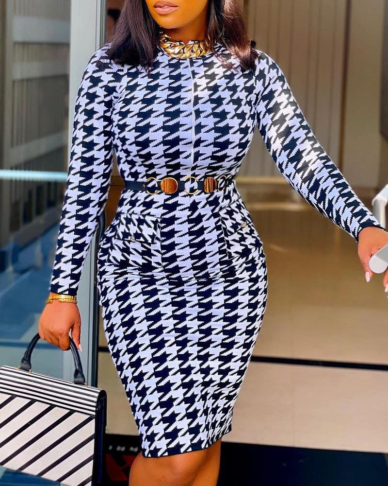 

Houndstooth Print Long Sleeve Bodycon Work Dress, Blackwhite