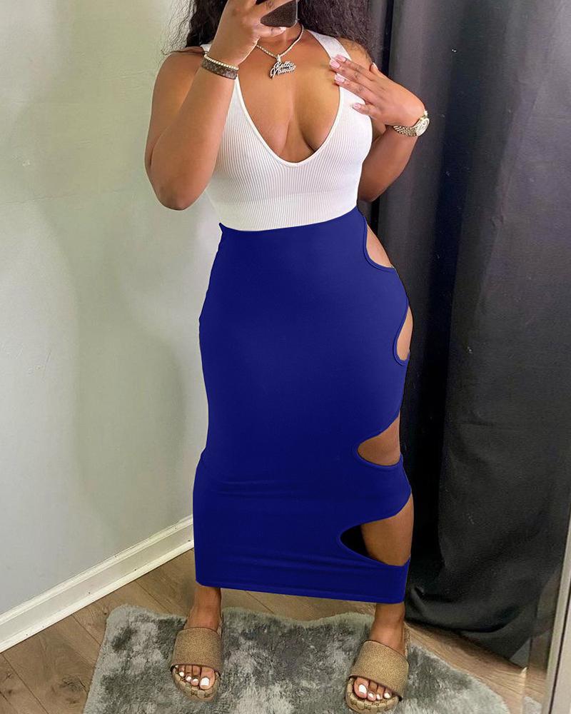 

Colorblock Cutout Thick Strap Maxi Dress, Dark blue