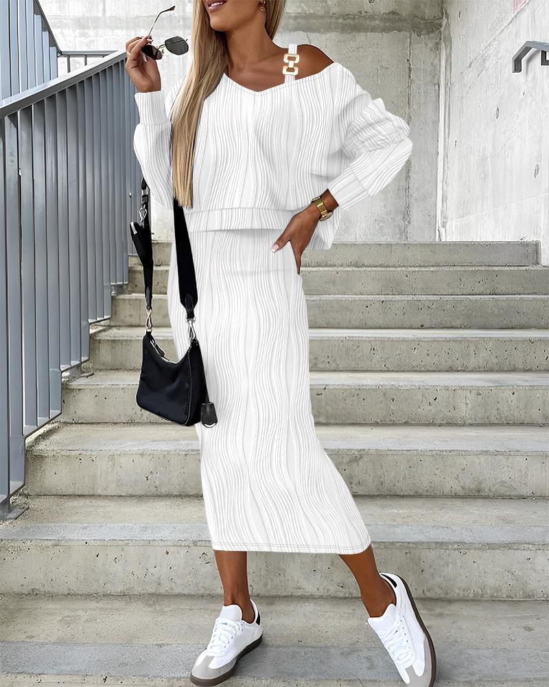 

Long Sleeve Textured Top & Chain Decor Sleeveless Dress Set, White