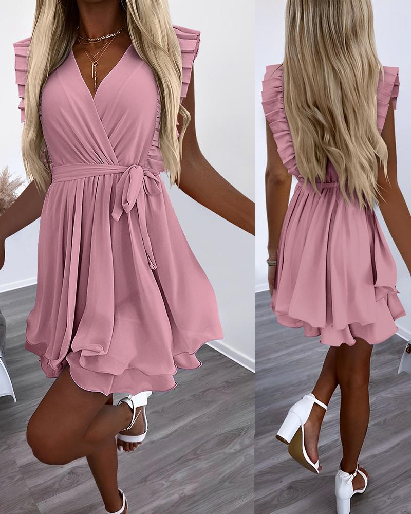 

Flutter Sleeve Pleated Layered Casual Dress, Pink