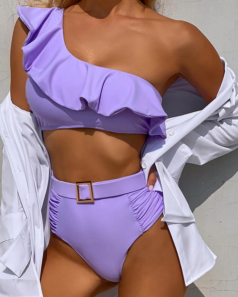 

One Shoulder Ruffles Trim Bikini Set, Purple