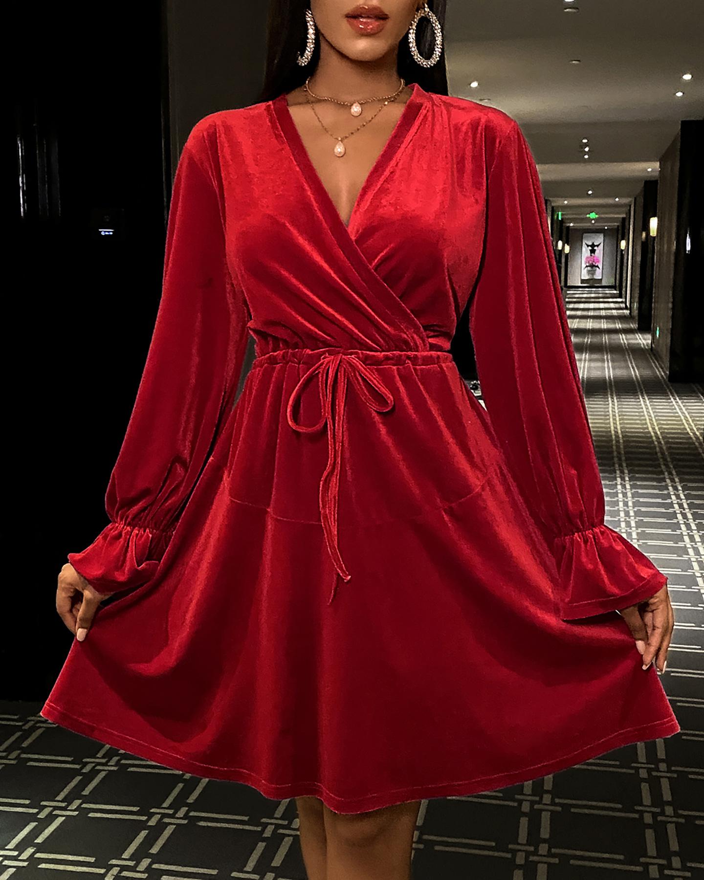 

Velvet Long Sleeve Tie Front Wrap Dress, Red