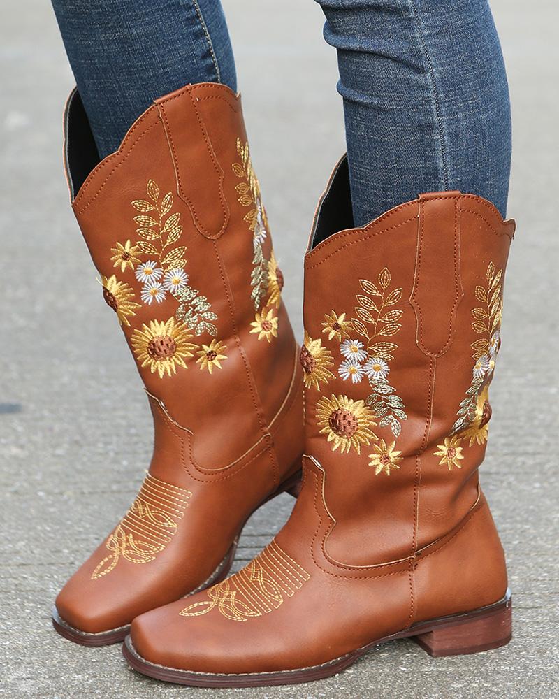 

Daisy Sunflower Embroidery Square Toe Chunky Cowboy Boots, Brown