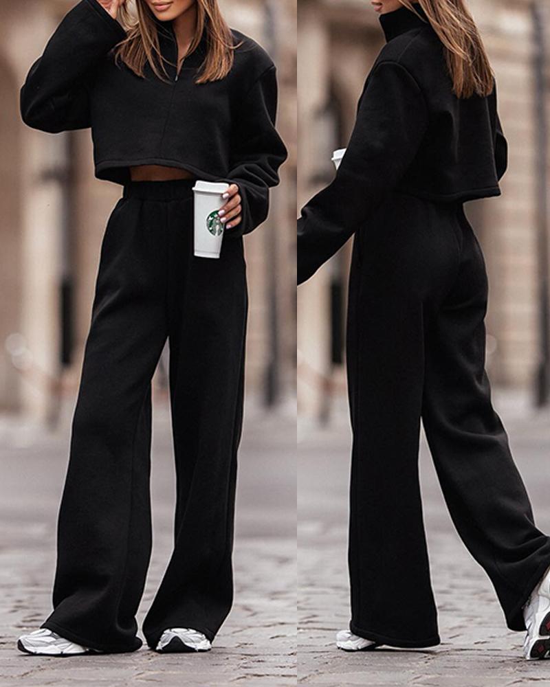 

Stand Collar Top & Wide Leg Pants Set, Black