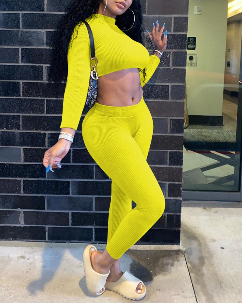 

Solid Long Sleeve Skinny Cropped Top With Pants Suit Sets, Yellow