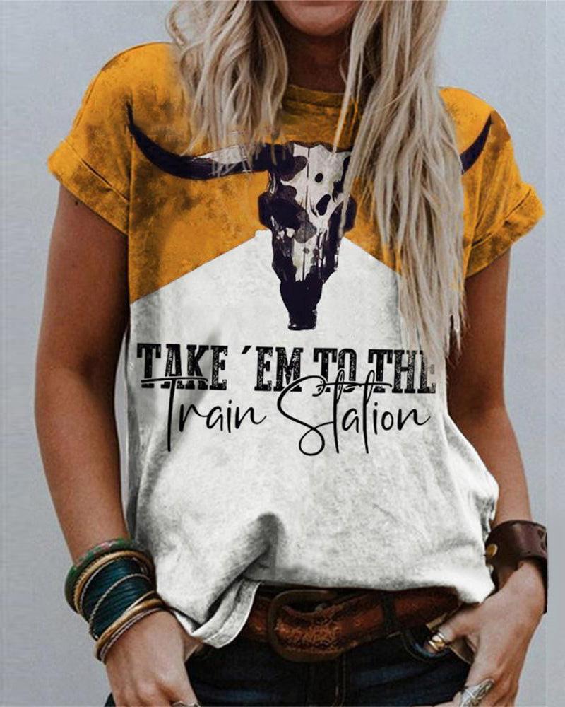 

Take 'Em To The Train Station Steer Skull Print Colorblock T-shirt, Multicolor