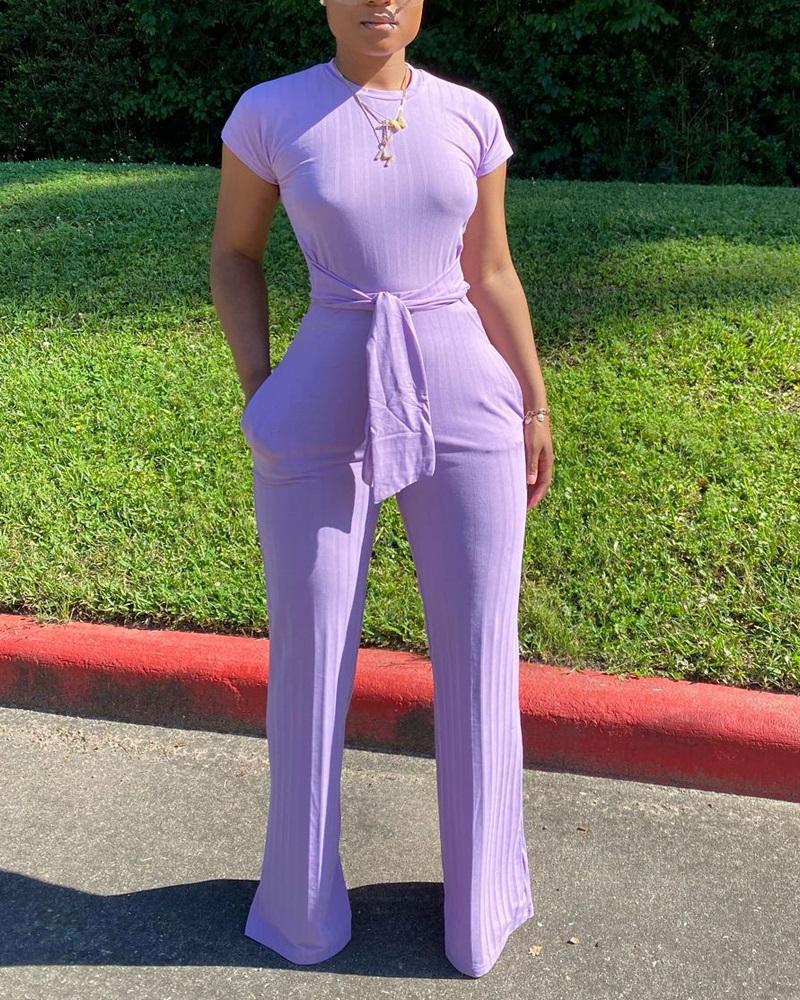 

Tied Detail Short Sleeve Ribbed Jumpsuit, Purple