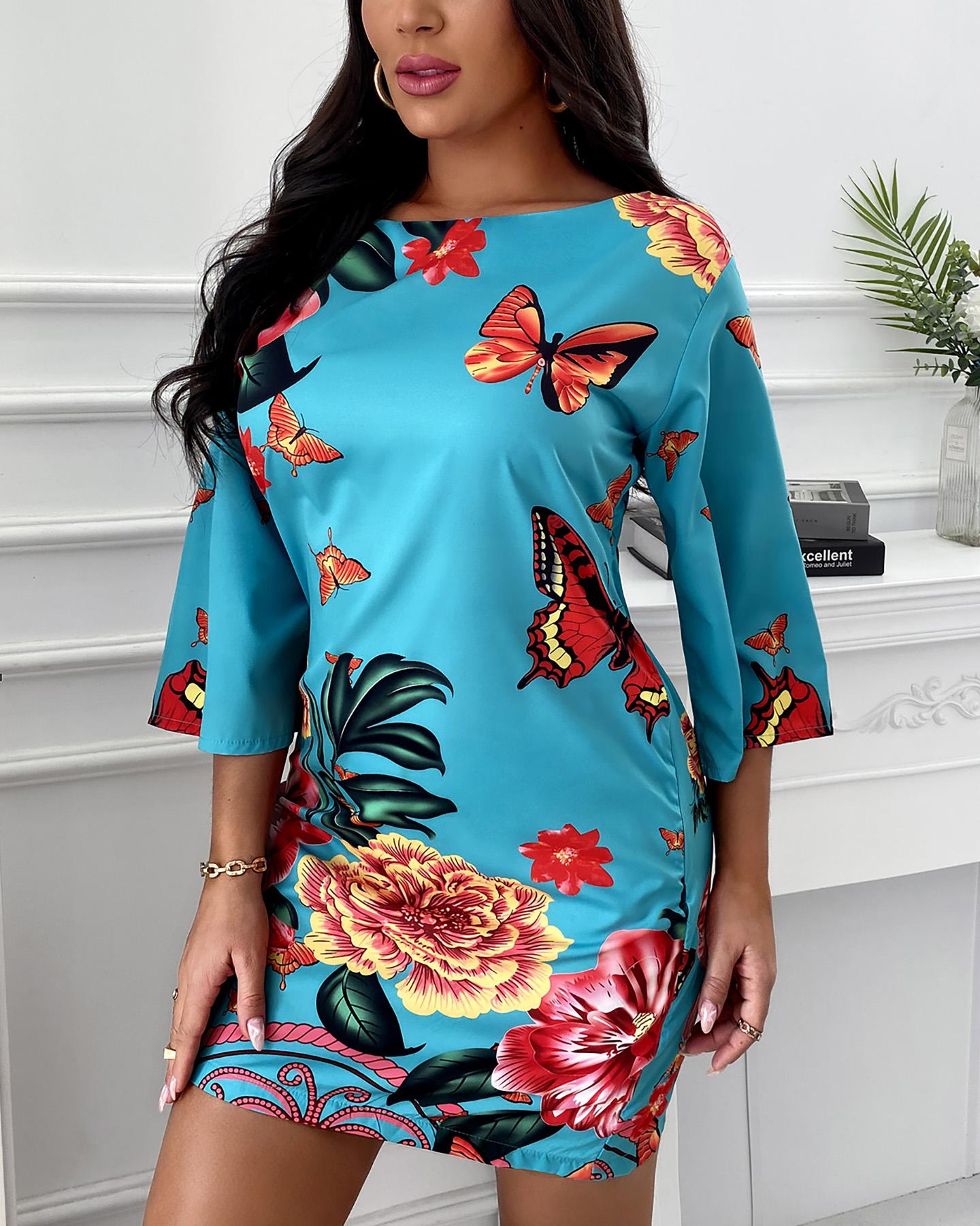 

Half Sleeve Butterfly Floral Print Dress, Multicolor