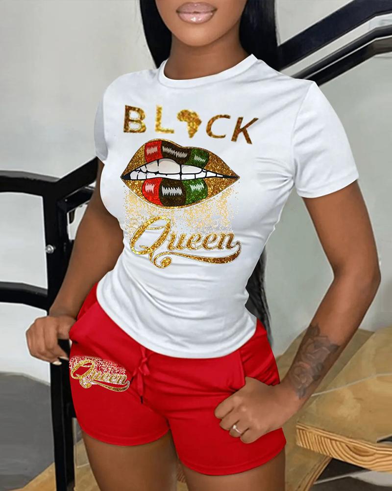 

Black Queen Lip Print Casual Top & Shorts Set, Red