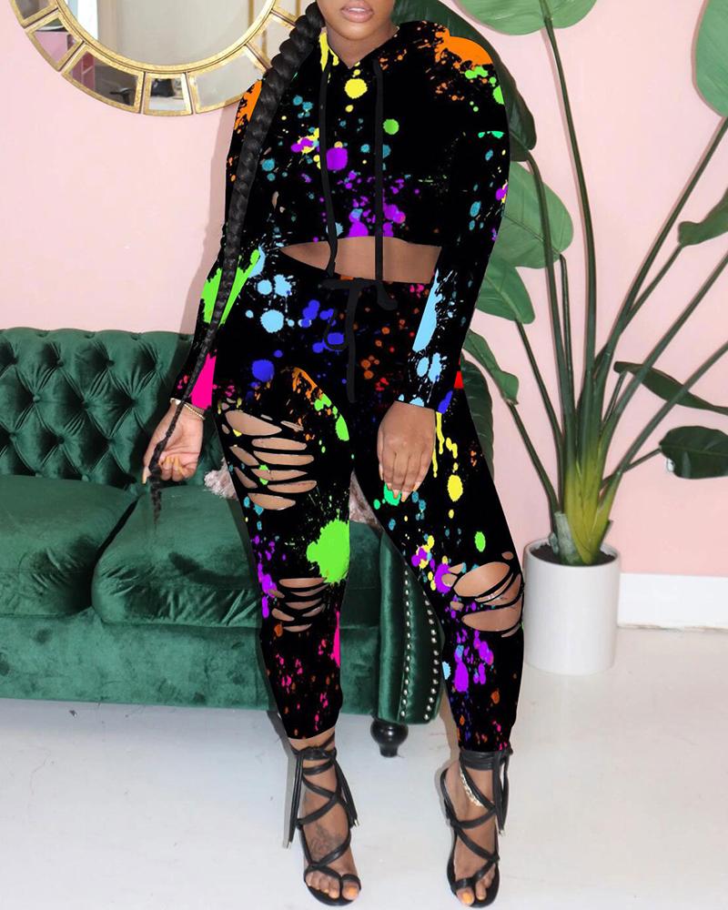 

Ink Splash Print Hooded Top & Cutout Pants Set, Black