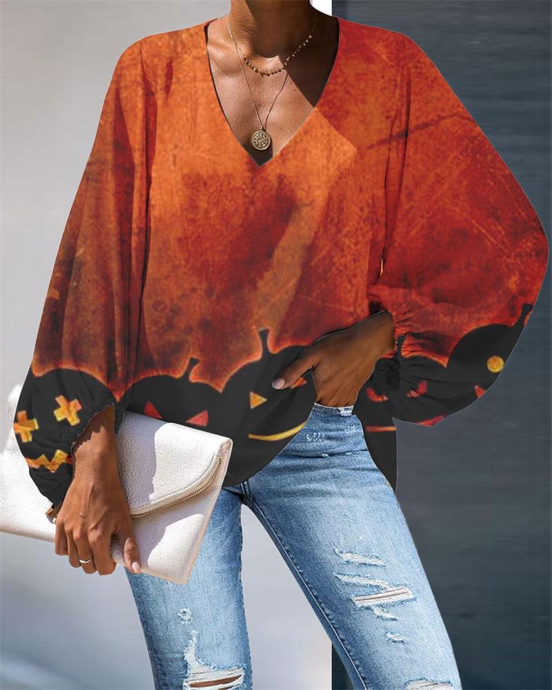 

Halloween Pumpkin Print Lantern Sleeve Top, Orange