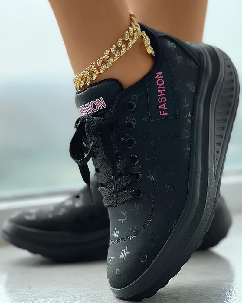 

Letter Pattern Eyelet Lace-up Muffin Sneakers, Black
