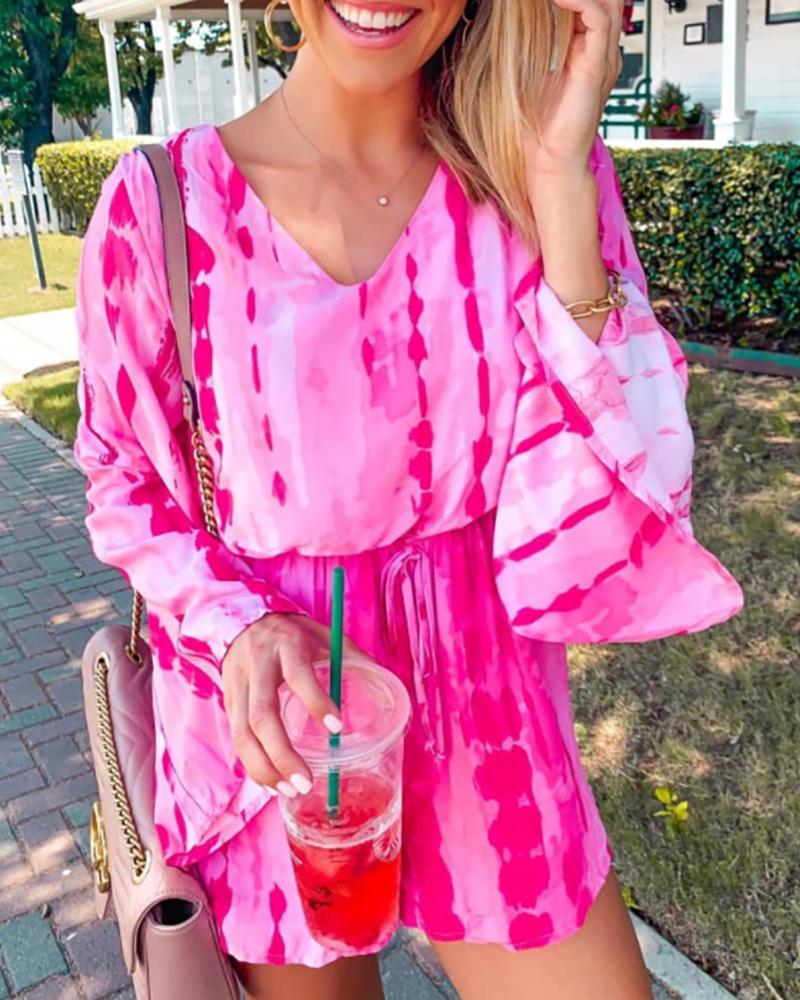 

Tie Dye Print V-neck Casual Romper, Hot pink