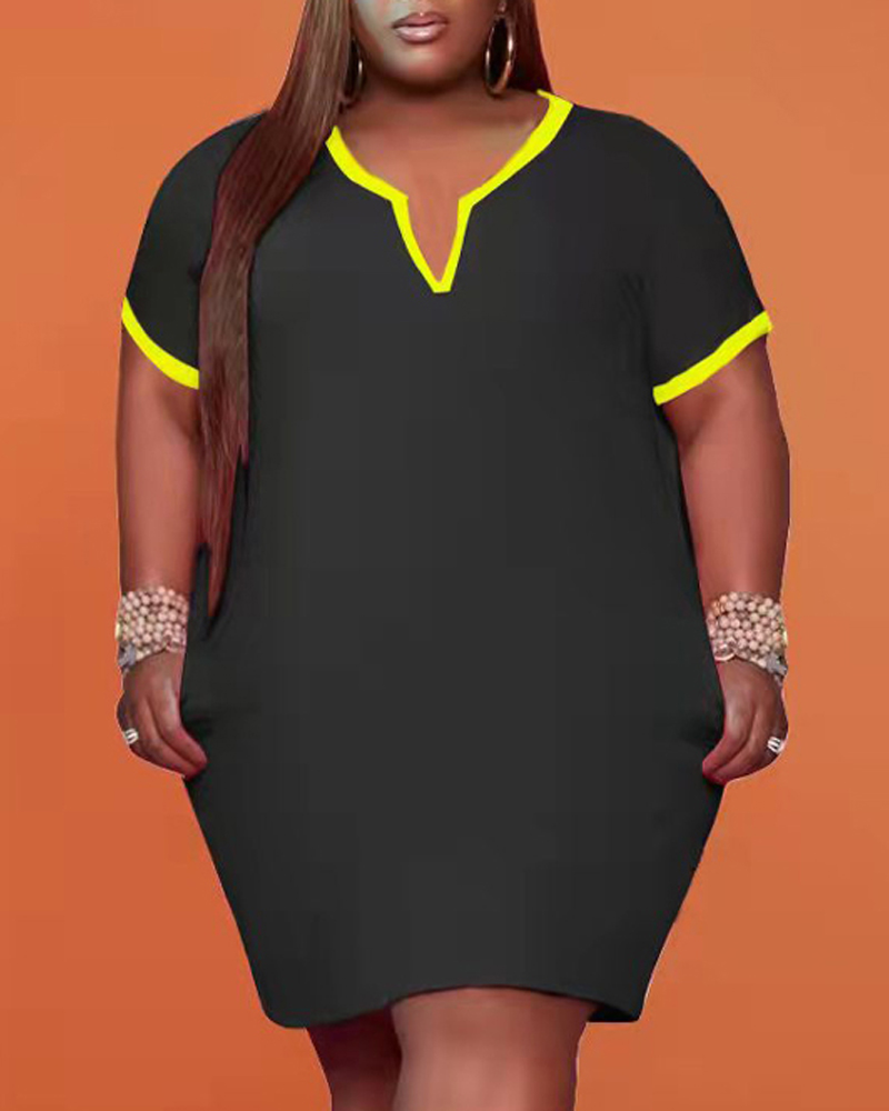 

Plus Size Contrast Binding V-Cut Casual Dress, Black