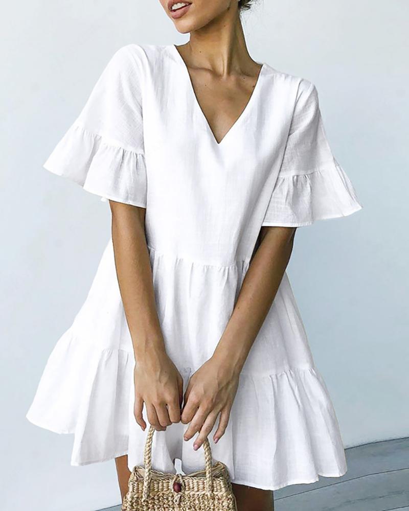

Ruffles Short Sleeve V-Neck Casual Dress, White
