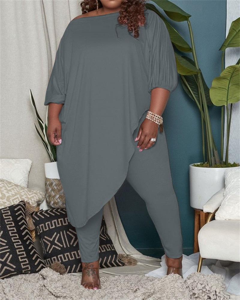 

Plus Size Asymmetrical Top & Pants Set, Gray