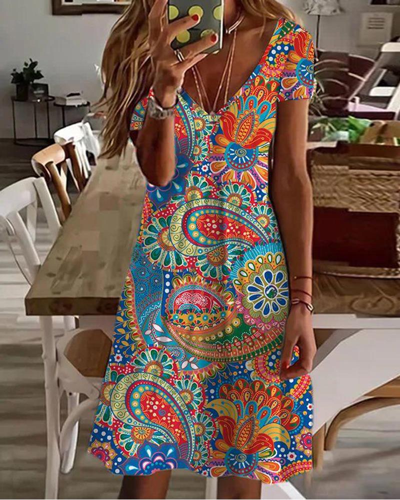 

Paisley Tribal Print V-Neck Casual Dress, Multicolor