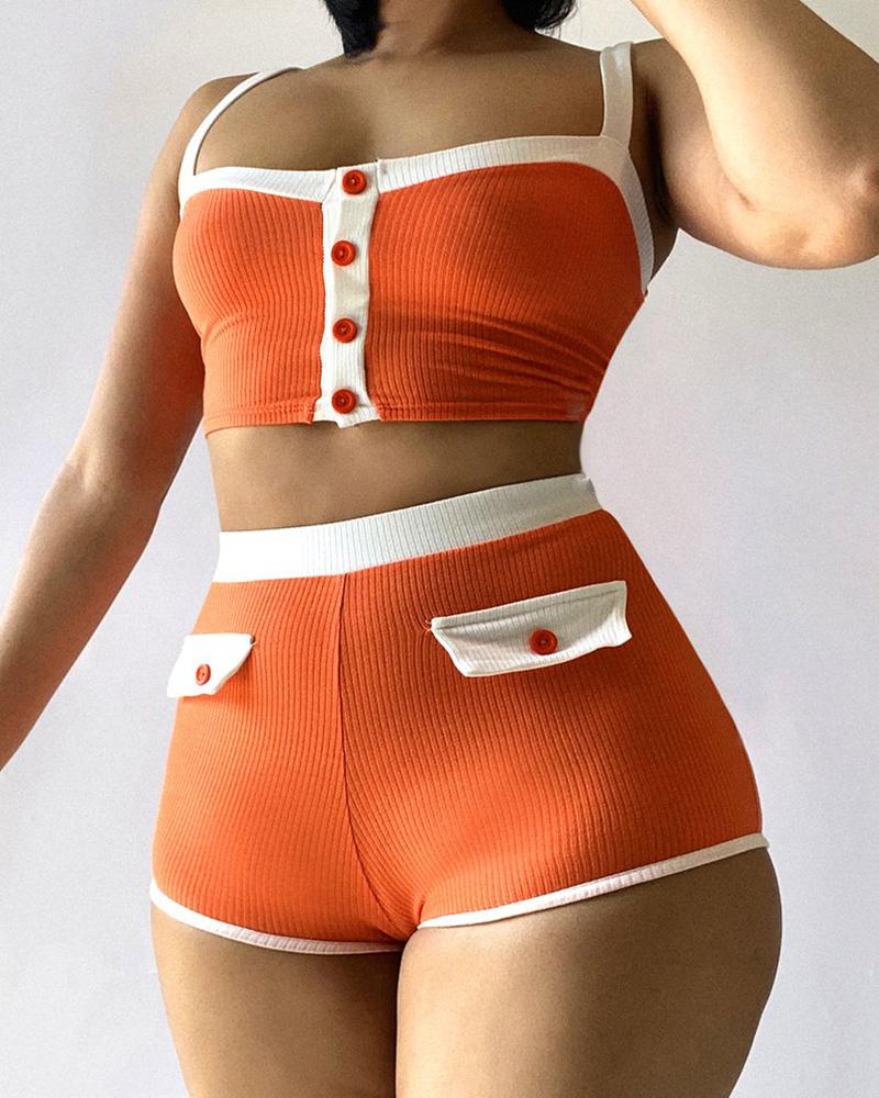 

Colorblock Buttoned Crop Top & High Waist Shorts Set, Orange