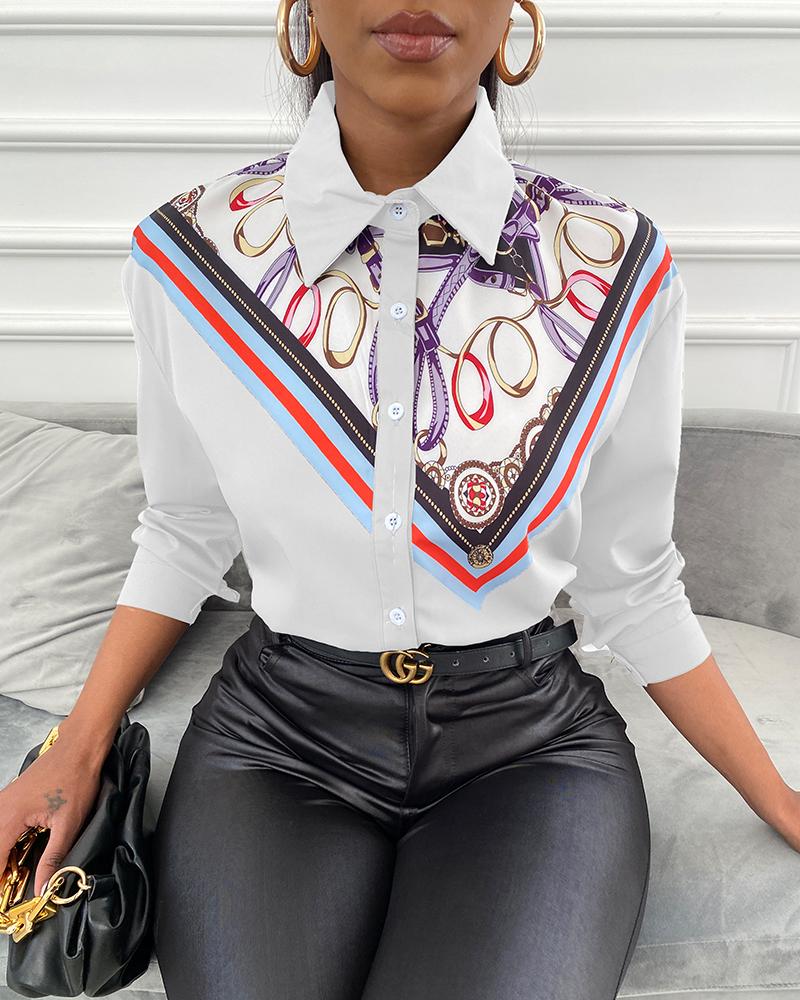 

Scarf Print Long Sleeve Shirt, White