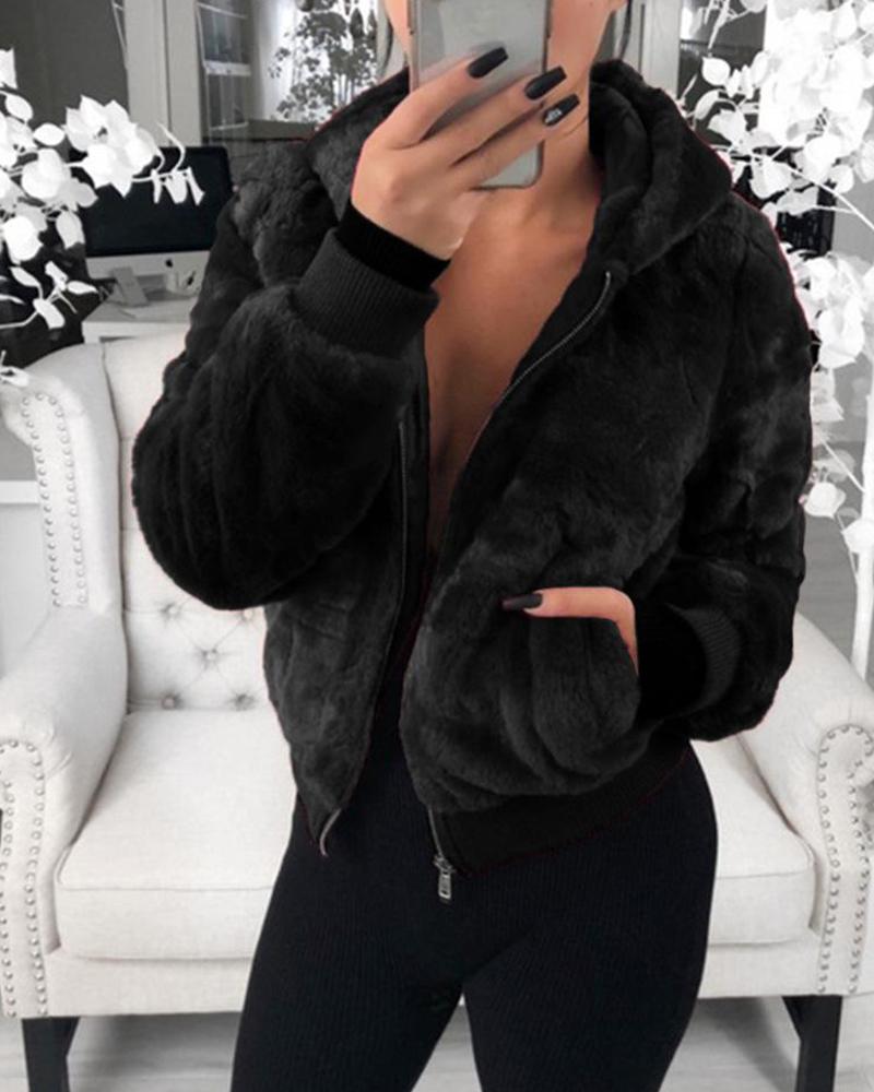 

Long Sleeve Zip Front Fur Faux Fur Hooded Coat, Black