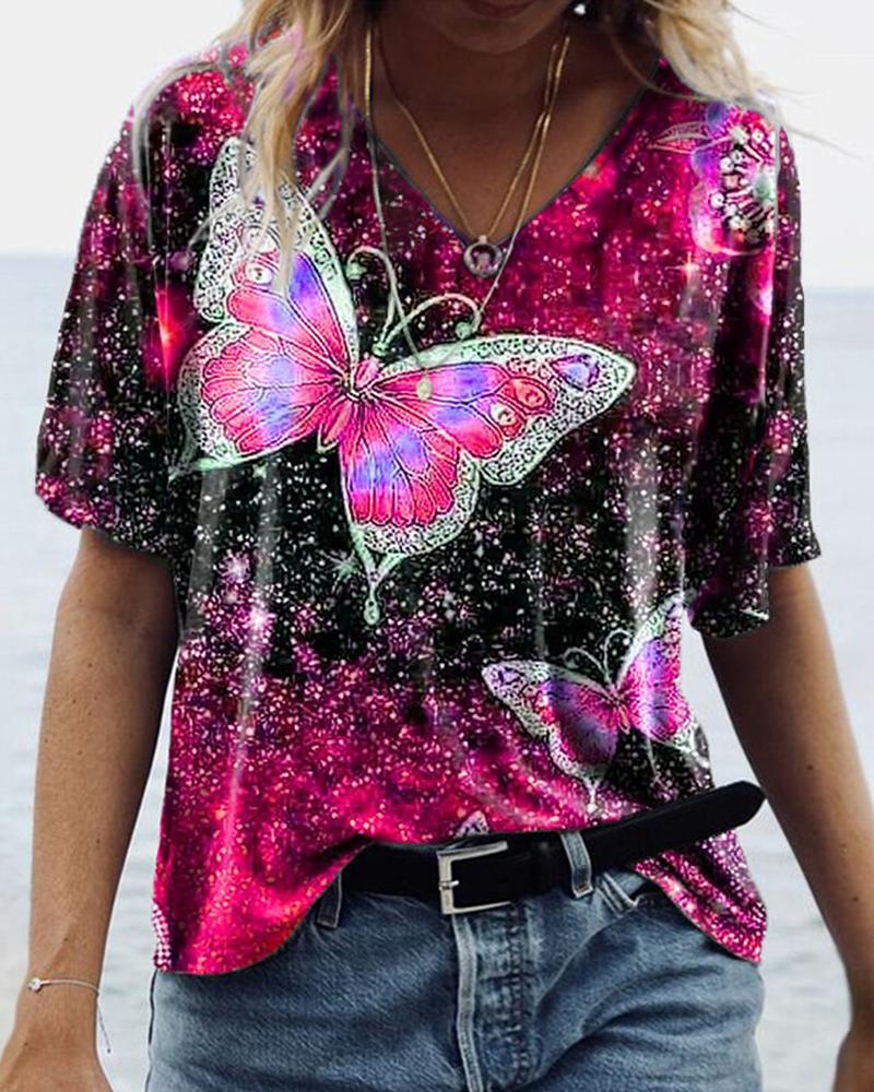 

Butterflies Print Short Sleeve T-shirt, Hot pink
