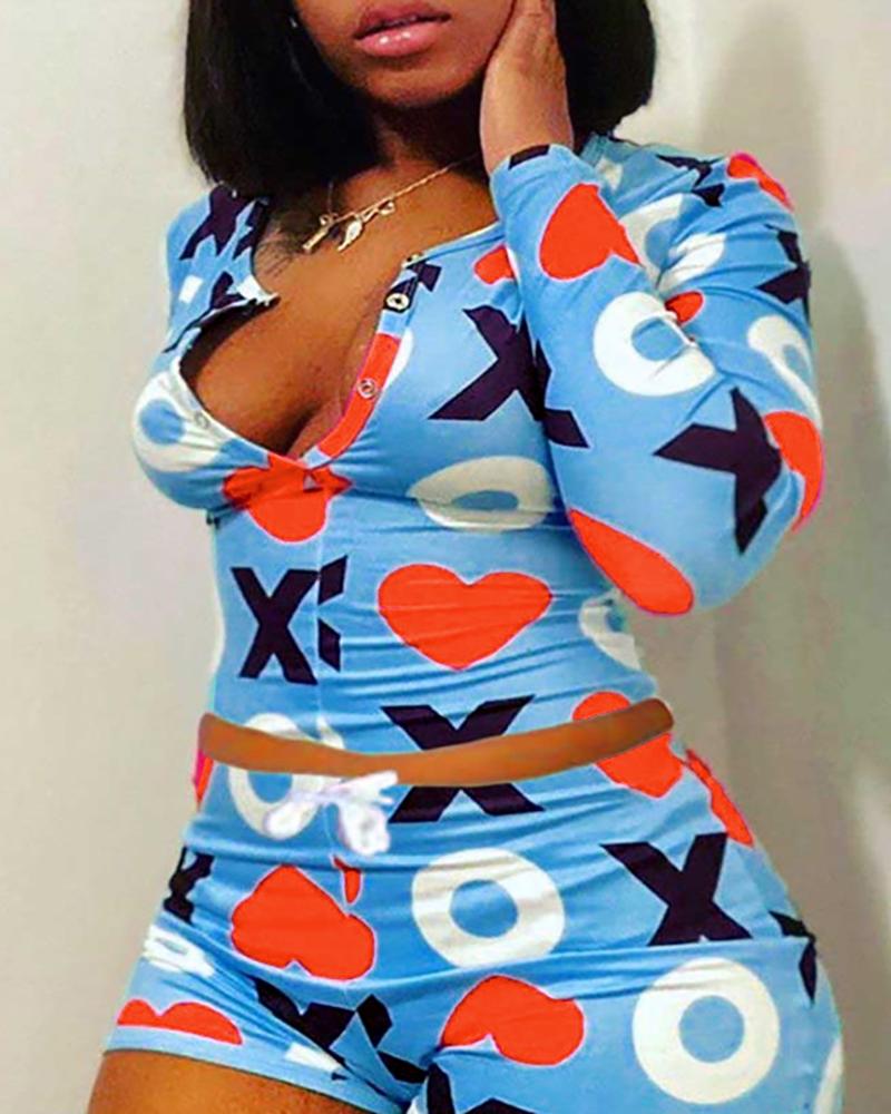 

Letter Heart Print Buttoned Pajamas Set, Blue