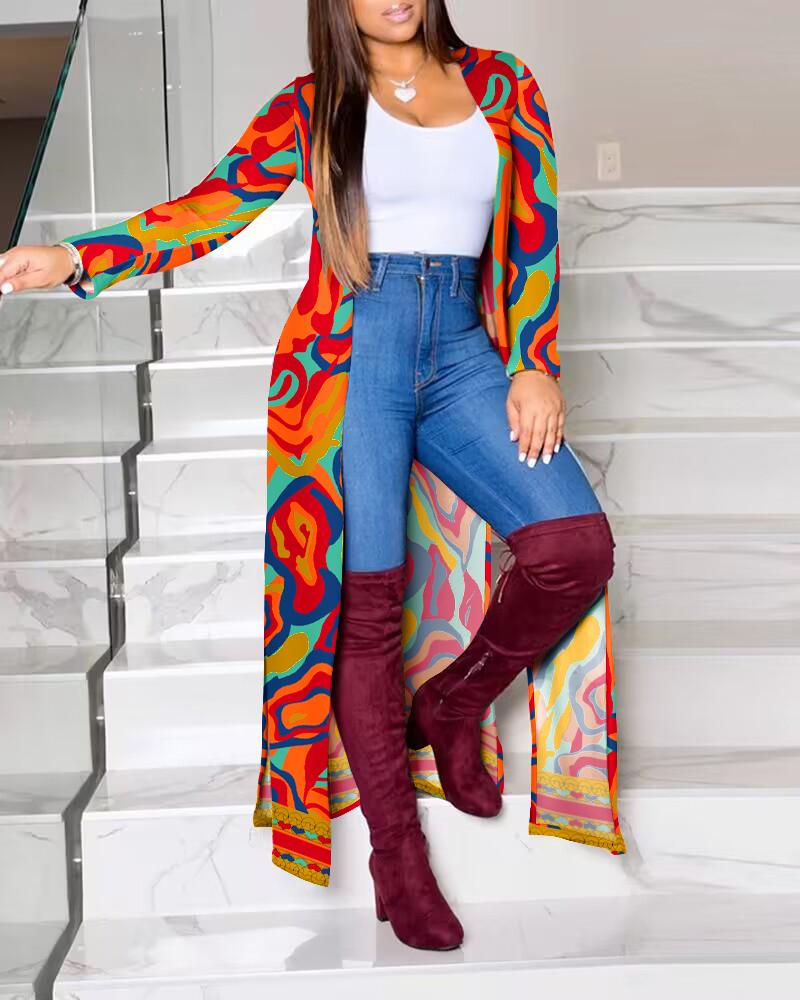 

Multi-Color Abstract Print Casual Longline Coat, Multicolor