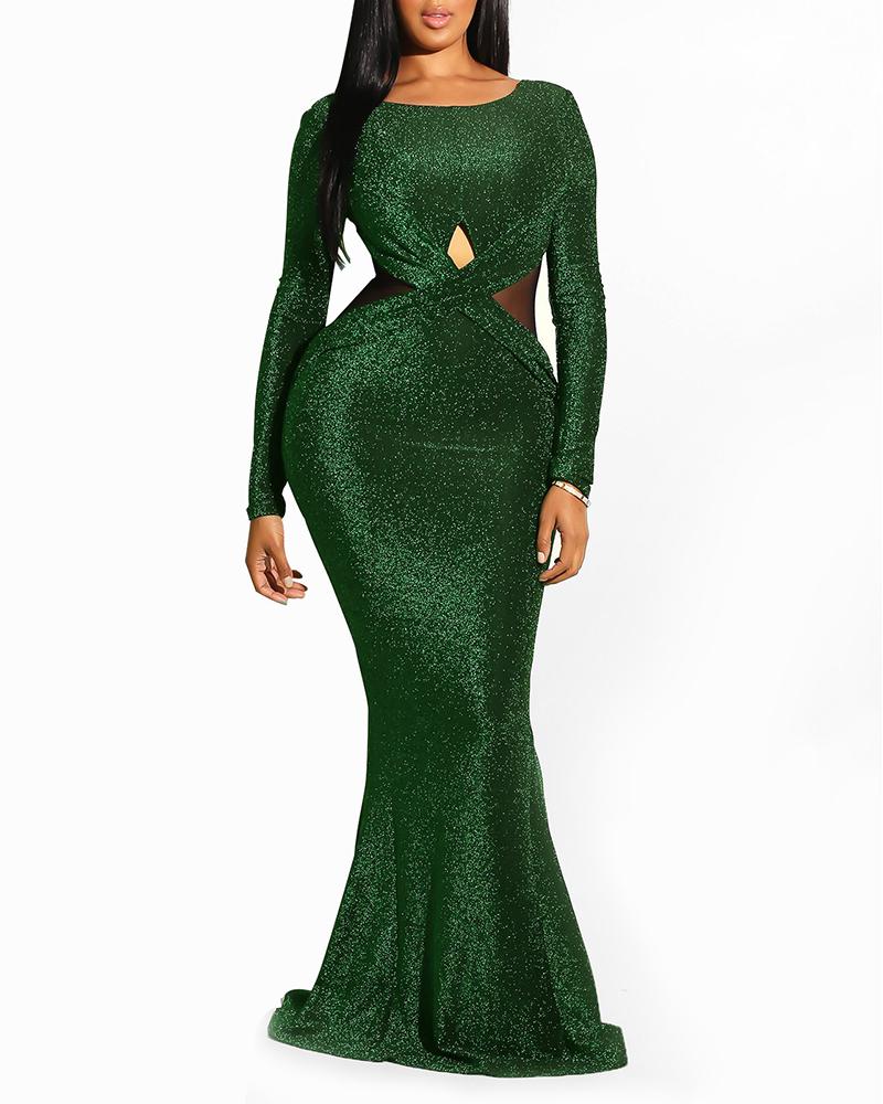

Long Sleeve Cutout Cross Front Backless Glitter Evening Dress, Green