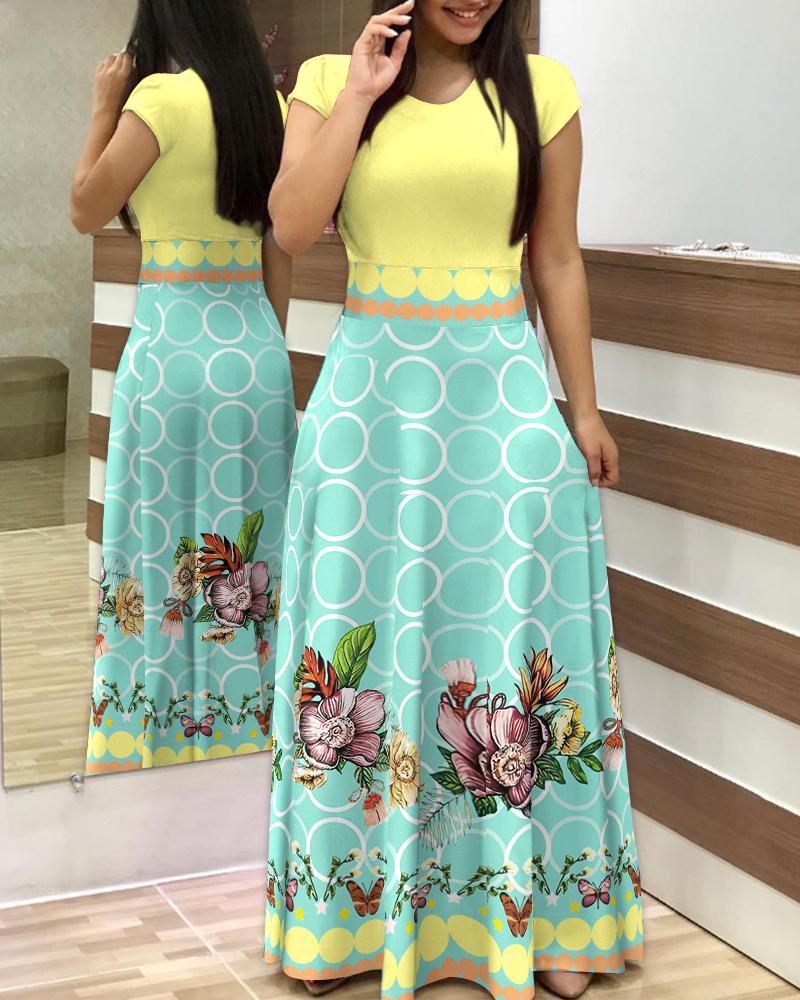 

Contrast Geometric Floral Print Short Sleeve Maxi Dress, Multicolor