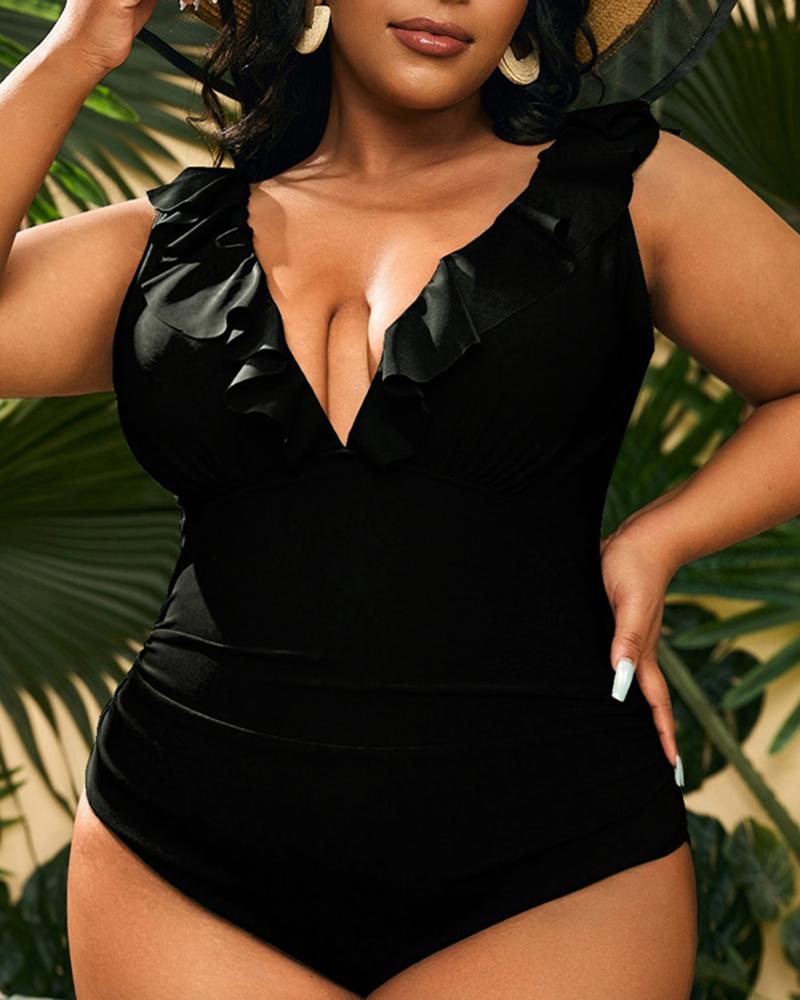 

Plus Size Ruffle Hem One Piece Swimsuit, Black