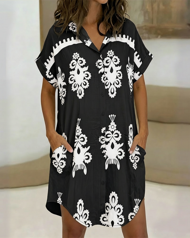 

Vintage Baroque Placement Print Turn-down Collar Rolled Cuffs Button Down Shirt Dress Casual Curved Hem Vacation Dress with Pockets, Black