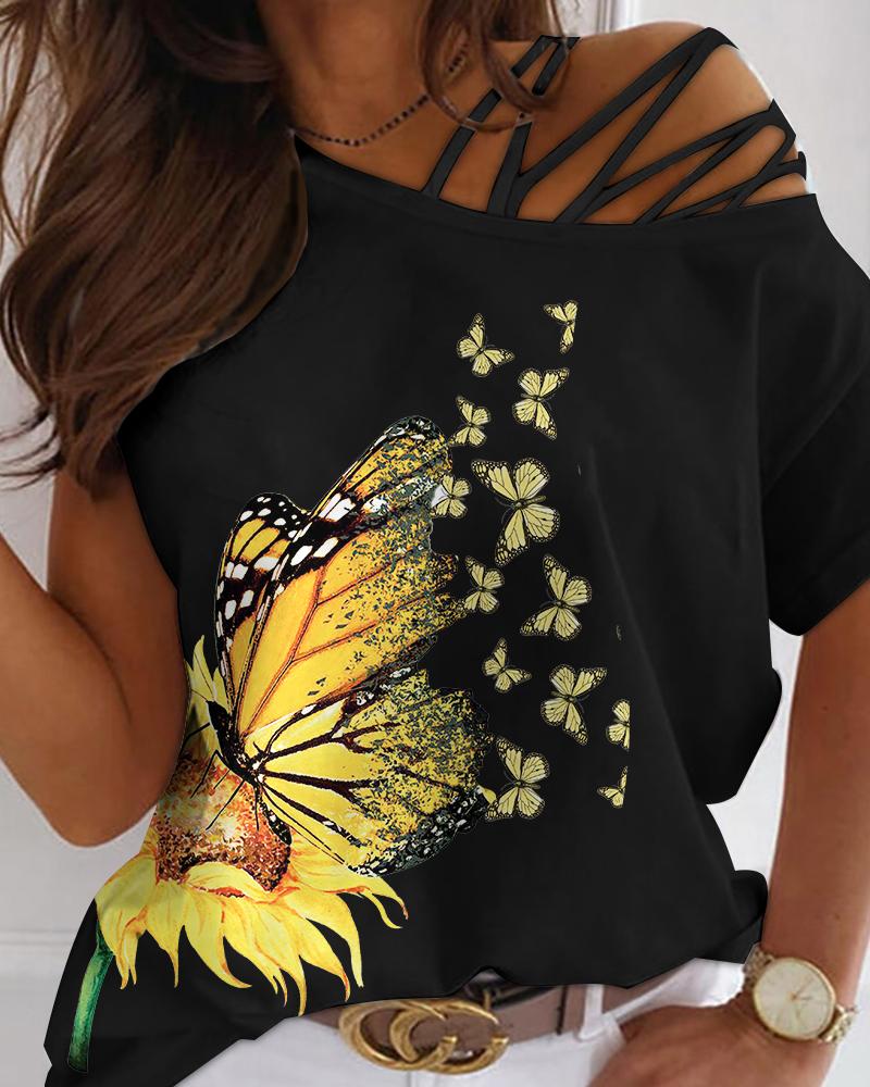 

Butterfly Sunflower Print Cold Shoulder Top, Black