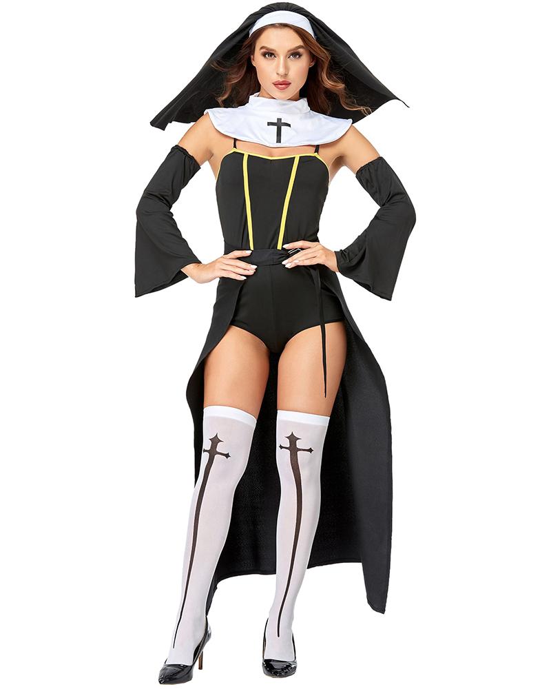 

Halloween Sexy Teddy Cosplay Nun Costume, Black