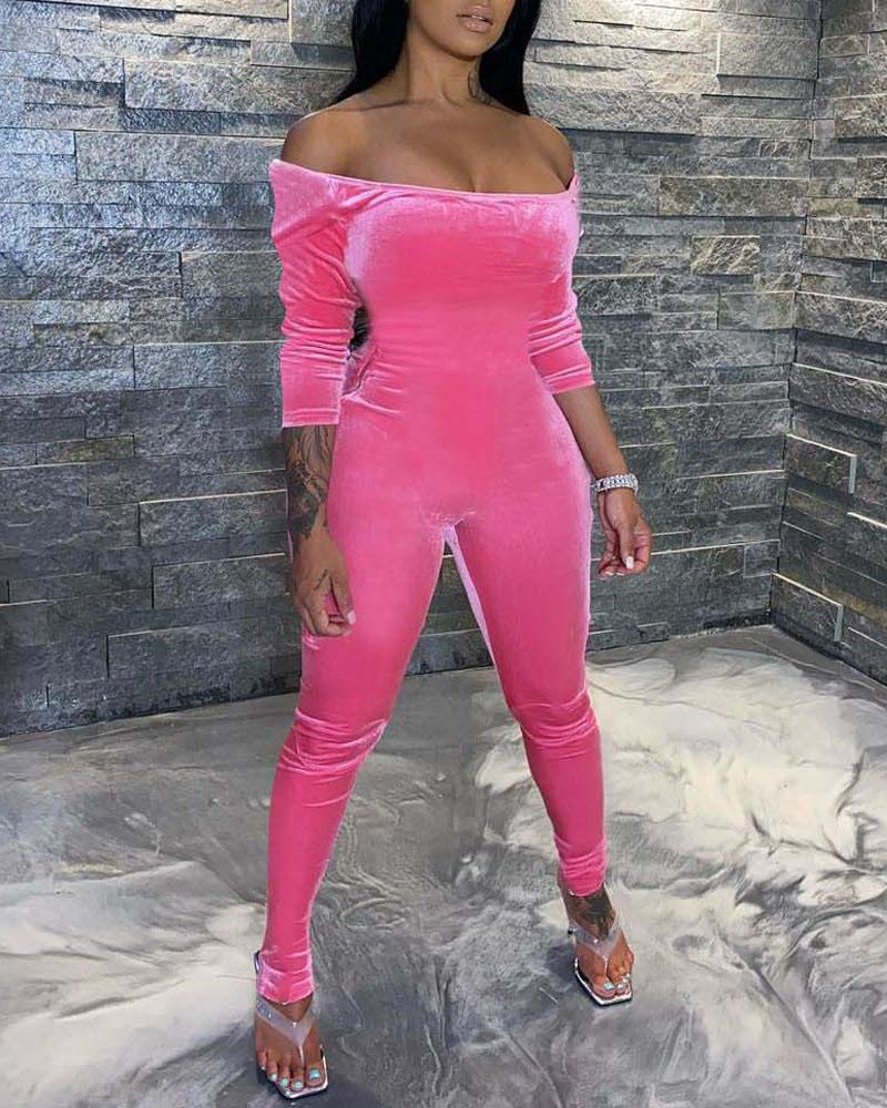 

Velvet Off Shoulder Skinny Jumpsuit, Pink