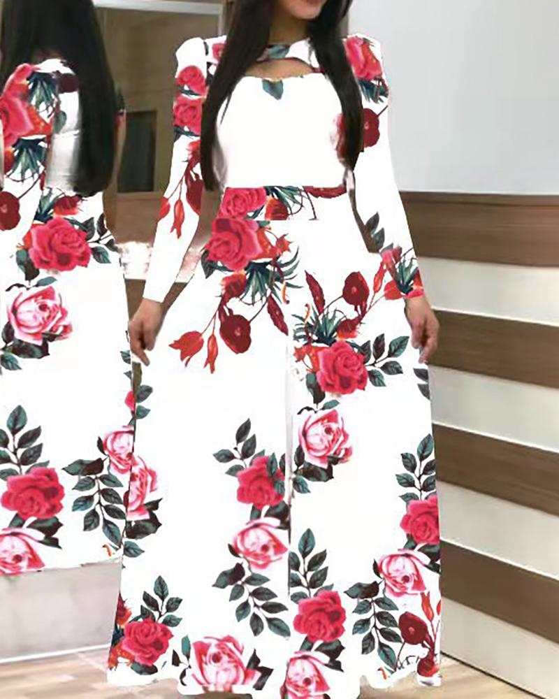 

Long Sleeve Floral Printed Dress, White