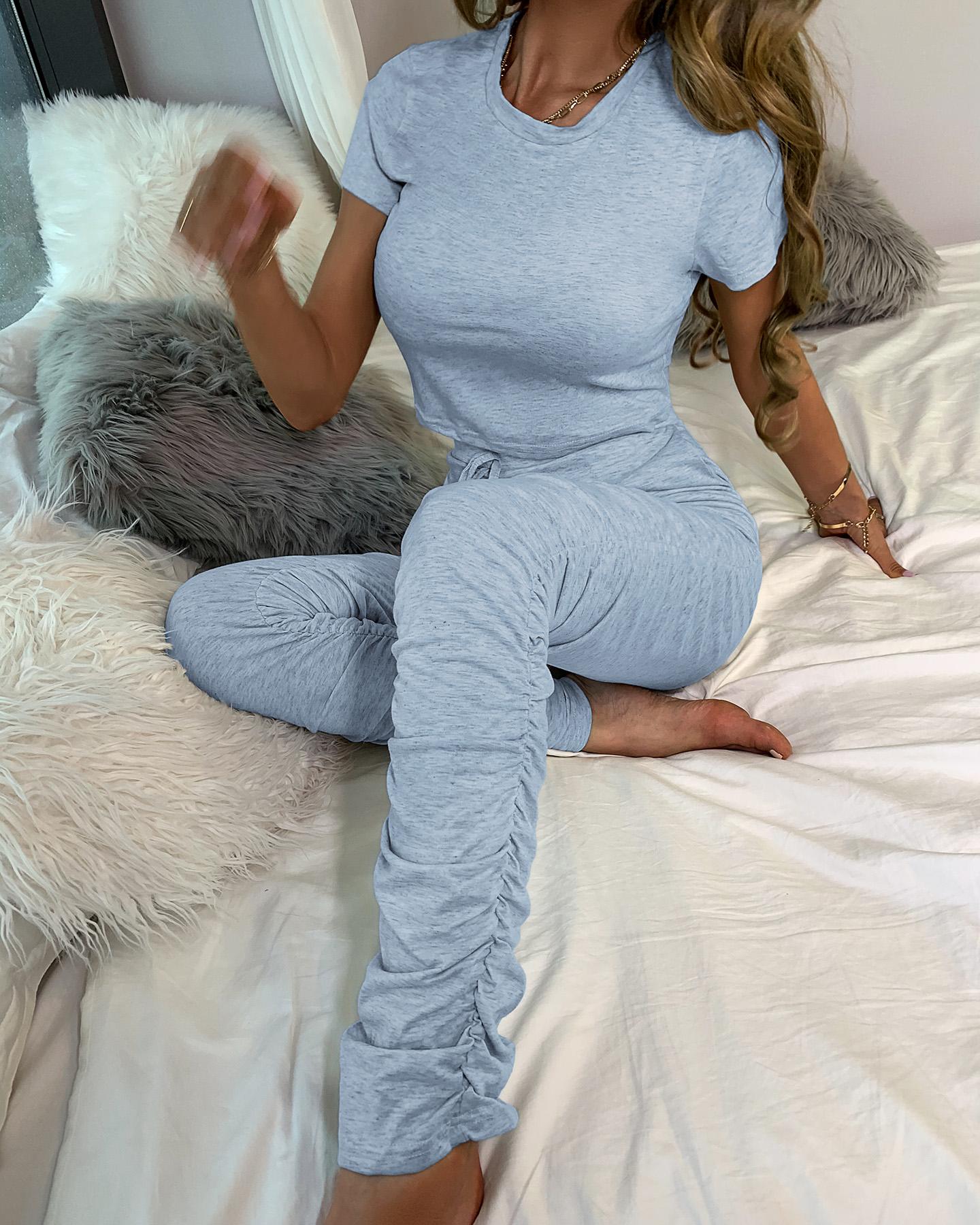 

Solid Sporty Top & Pant Set, Light blue